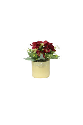 Sarı Saksıda Yapay Cam Güzeli Çiçeği Kırmızı 20 cm - 3