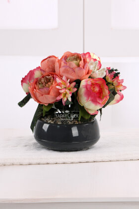  Siyah Saksıda Yapay Turuncu Şakayık Tanzimi 30 cm - Yapay Çiçek Deposu