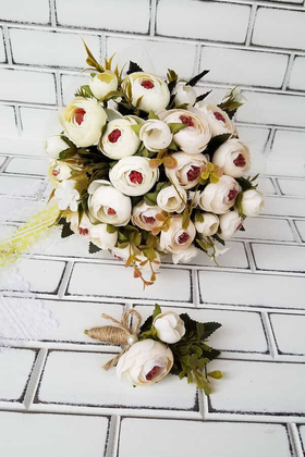 Samira Gelin Buketi Şakayık Güller Krem-Beyaz 2li Set - Yapay Çiçek Deposu