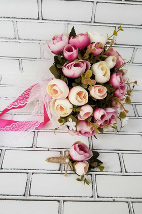Samira Gelin Buketi Şakayık Güller Pastel Pembe 2li Set - 3