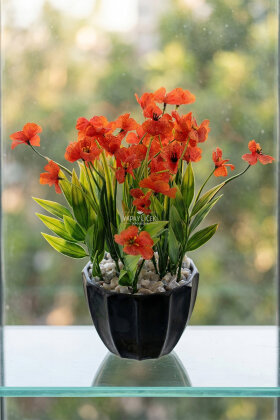 Siyah Saksıda Safir Damarlı Tanzimi 26 cm Turuncu - Yapay Çiçek Deposu