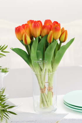 Gerçek Dokulu Lüx 5 Dallı Tulipa Lale Buketi Turuncu - 2