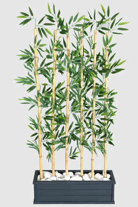 Islak Yapraklı 6 Çubuklu Gri Saksıda Bambu Seperatör (20x70x155cm) - Yapay Çiçek Deposu