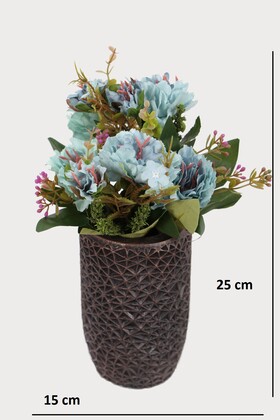 Lüx Beton Retro Tombul Vazoda Yapay Kasımpatı Tanzimi 25 cm Mavi - 2