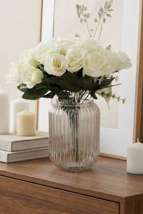 Yapay Çiçek 18'li Kıtır Yeşillikli Gül Demeti 37 cm Krem - Yapay Çiçek Deposu