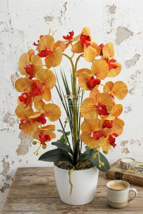Saksıda 2'li Yapay Islak Baskılı Orkide Tanzimi 55 cm Turuncu Çizgili - Yapay Çiçek Deposu