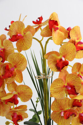 Saksıda 2'li Yapay Islak Baskılı Orkide Tanzimi 55 cm Turuncu Çizgili - 3