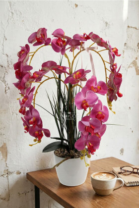 Saksıda 4'lü Yapay Islak Orkide Tanzimi 65 cm Fuşya - Yapay Çiçek Deposu