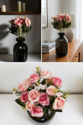 Yapay Çiçek 5 Dallı Elegance Tomurcuk Gül Demeti 30 cm Pembe-Somon - 2