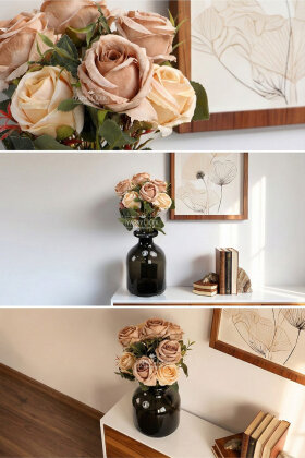 Yapay 7li İri Kafa Küçük Gül Demeti Açık Kahve - 2