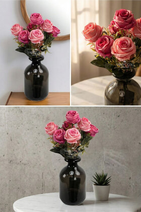 Yapay 7li İri Kafa Küçük Gül Demeti Fuşya - 2