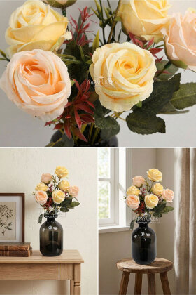 Yapay 7li İri Kafa Küçük Gül Demeti Sarı - 2