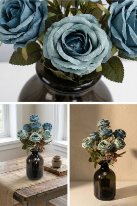 Yapay 7li İri Kafa Küçük Gül Demeti Turkuaz - 2