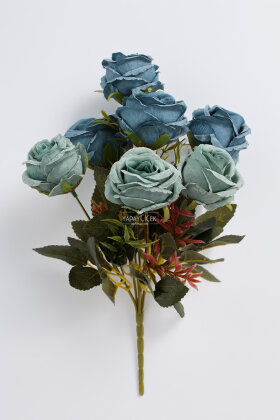 Yapay 7li İri Kafa Küçük Gül Demeti Turkuaz - 3