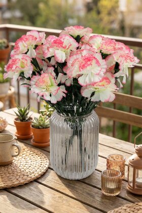 Yapay Çiçek 7li Karanfil Çiçeği Demeti 40 cm Krem-Fuşya - Yapay Çiçek Deposu