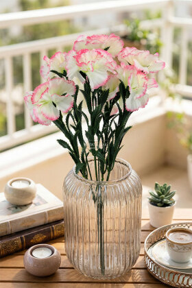 Yapay Çiçek 7li Karanfil Çiçeği Demeti 40 cm Krem-Fuşya - 2