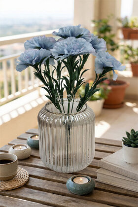 Yapay Çiçek 7li Karanfil Çiçeği Demeti 40 cm Pastel Mavi - 2