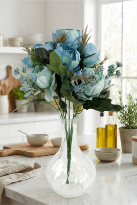 Yapay Çiçek 7'li Mono Flora Demet 30 cm Turkuaz-Mavi - Yapay Çiçek Deposu