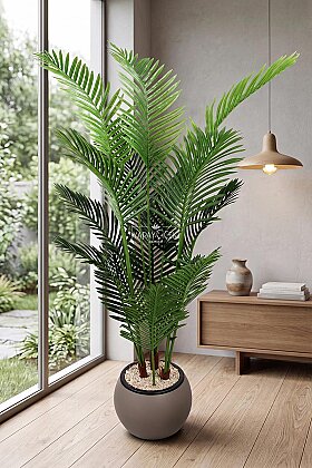 Küre Saksıda Yapay Ağaç 15 Yapraklı Madagaskar Areka Palmiyesi Ağacı 175 cm Kum Kahve - Yapay Çiçek Deposu