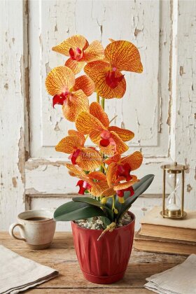 Saksıda Yapay Baskılı Islak Orkide 50 cm Turuncu Çizgili - Yapay Çiçek Deposu