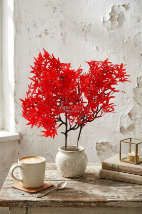 Yapay Bitki 3 Dallı Premium Aralia Demeti 35 cm Kırmızı - Yapay Çiçek Deposu