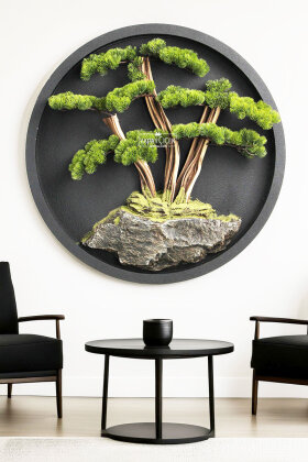 Yapay Premium Hikari Bonsai Ağacı Tablo 90x90 cm Yeşil - Yapay Çiçek Deposu