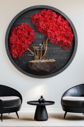 Yapay Premium Reika Bonsai Ağacı Tablo 90x90 cm Kırmızı - Yapay Çiçek Deposu