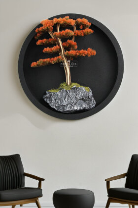 Yapay Premium Hinata Bonsai Ağacı Tablo 70x70 cm Turuncu - Yapay Çiçek Deposu