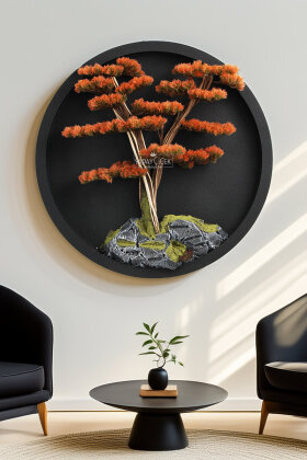 Yapay Premium Kaze Bonsai Ağacı Tablo 80x80 cm Turuncu - Yapay Çiçek Deposu