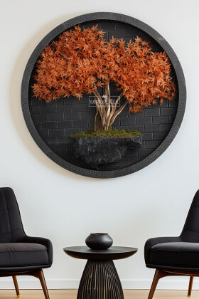 Yapay Premium Naira Bonsai Ağacı Tablo 80x80 cm Turuncu - Yapay Çiçek Deposu