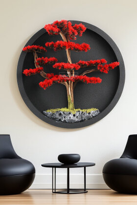 Yapay Premium Rin Bonsai Ağacı Tablo 70x70 cm Kırmızı - Yapay Çiçek Deposu