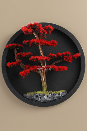 Yapay Premium Rin Bonsai Ağacı Tablo 70x70 cm Kırmızı - 2