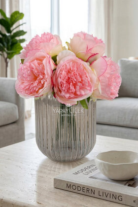 Yapay Çiçek 5li Açmış Lüx Şakayık Gül Buketi Canlı Pembe - 2