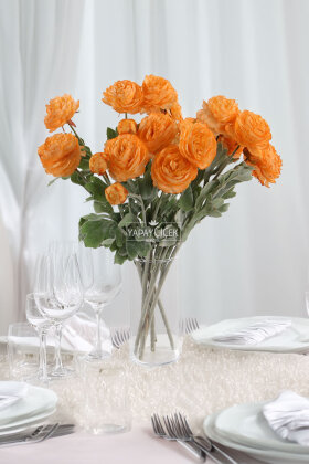 Yapay Çiçek 3lü Şakayık Ranunculus Dalı 50 cm Turuncu - 3