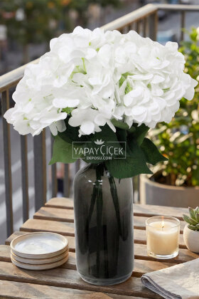 Yapay Çiçek 5 Dal Islak Cornales Damarlı Ortanca Demeti 45 cm Beyaz - Yapay Çiçek Deposu