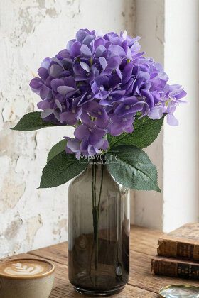 Yapay Çiçek 5 Dal Islak Cornales Damarlı Ortanca Demeti 45 cm Koyu Mor - 2