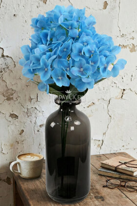 Yapay Çiçek 5 Dal Islak Cornales Damarlı Ortanca Demeti 45 cm Mavi - 2