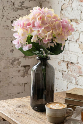 Yapay Çiçek 5 Dal Islak Cornales Damarlı Ortanca Demeti 45 cm Pembe-Sarı - 2