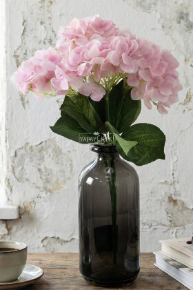 Yapay Çiçek 5 Dal Islak Damarlı Ortanca Demeti 45 cm Pudra Pembe - 2