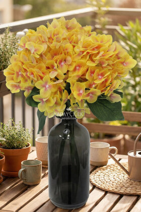 Yapay Çiçek 5 Dal Islak Cornales Damarlı Ortanca Demeti 45 cm Sarı - Yapay Çiçek Deposu