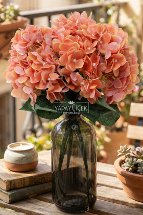 Yapay Çiçek 5 Dal Islak Cornales Damarlı Ortanca Demeti 45 cm Turuncu - Yapay Çiçek Deposu