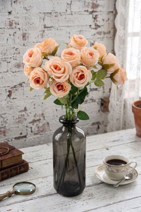 Yapay Çiçek Kaliteli 5'li Lüx Tomur Gül Dalı 50 cm Somon - Yapay Çiçek Deposu