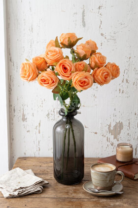 Yapay Çiçek Kaliteli 5'li Lüx Tomur Gül Dalı 50 cm Turuncu - Yapay Çiçek Deposu