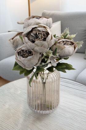 Yapay Çiçek 7 Dallı Garnitürlü Marsilya Gülü Aranjmanı 45 cm Gri - 2