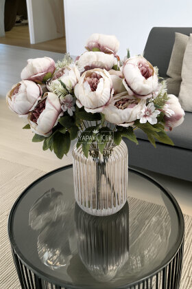 Yapay Çiçek 7 Dallı Garnitürlü Marsilya Gülü Aranjmanı 45 cm Krem-Gül Kurusu - Yapay Çiçek Deposu