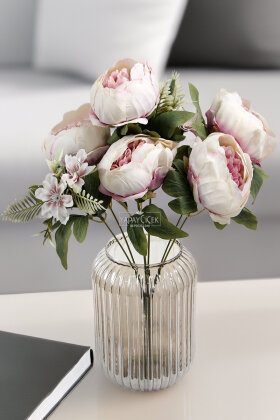 Yapay Çiçek 7 Dallı Garnitürlü Marsilya Gülü Aranjmanı 45 cm Krem-Pembe - 2