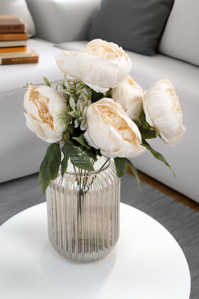 Yapay Çiçek 7 Dallı Garnitürlü Marsilya Gülü Aranjmanı 45 cm Krem - 2