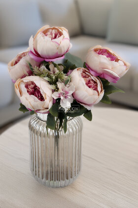 Yapay Çiçek 7 Dallı Garnitürlü Marsilya Gülü Aranjmanı 45 cm Somon-Fuşya - 2