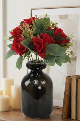 Yapay Çiçek 7'li Ara Dallı Kırmızı Gül Demeti 32 cm - Yapay Çiçek Deposu