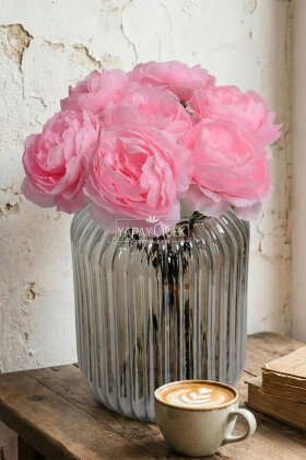 Yapay Çiçek 7li Çay Gülü Demeti 30 cm Canlı Pembe - 2